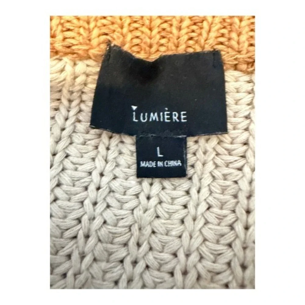 Lumiere Chevron Stripe V-Neck Sweater‎ Cream Tan Black Knit L